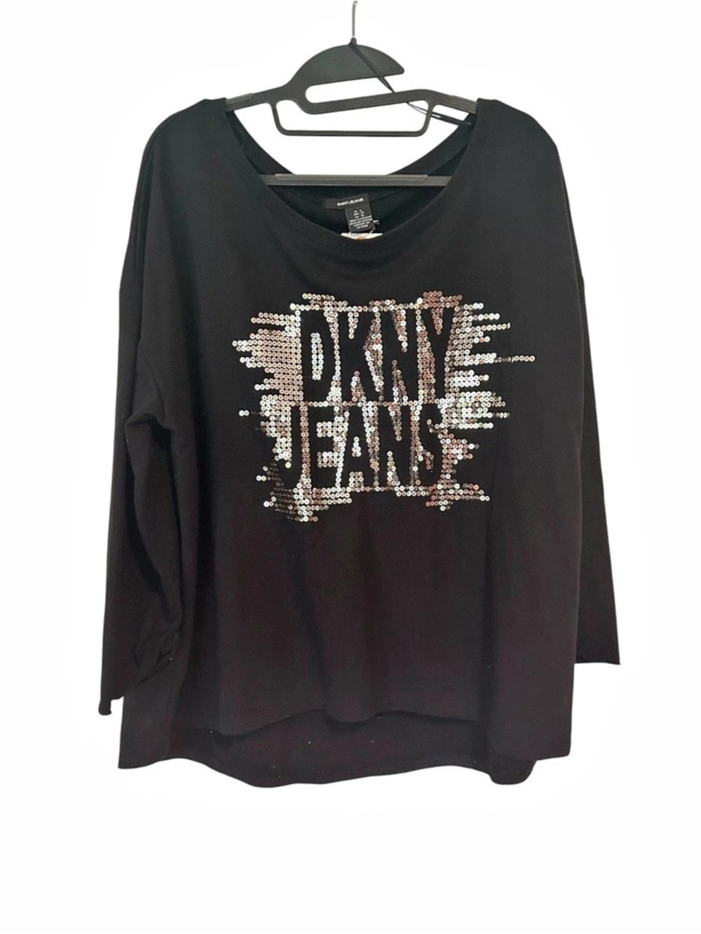 DKNY Jeans Black Sequin Logo Top Oversized Dolman Sleeve Crewneck Sweatshirt XL